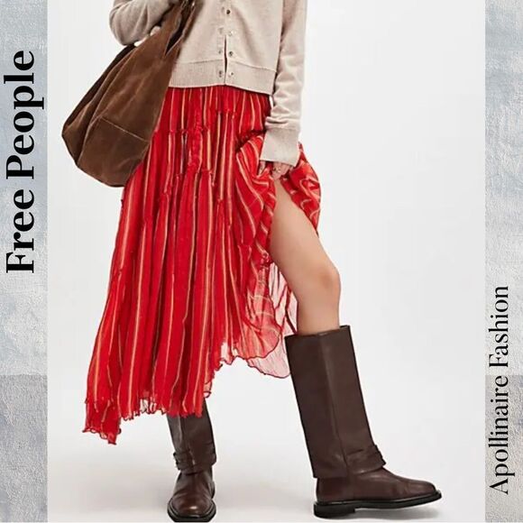 Free People Ember printed Fire Red A-Line MIDI Skirt in Medium NWOT - Picture 3 of 7